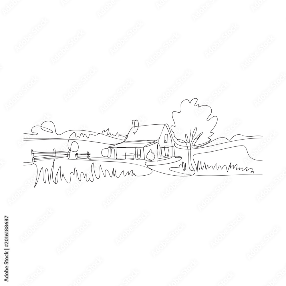 Fototapeta premium One line drawing of rural house surrounded by hills and trees.
