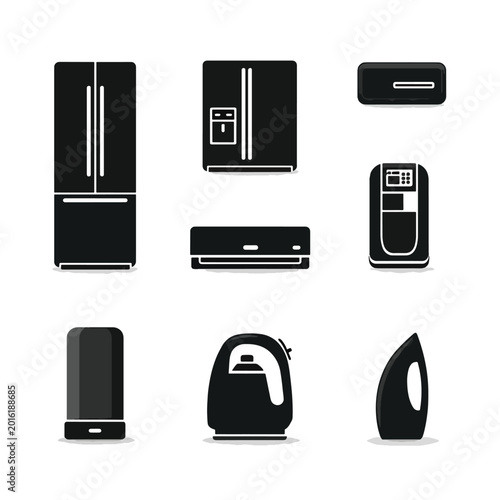 Black and white household appliances icons.