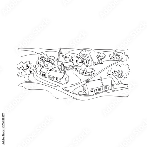 Continuous line drawing of small rural village landscape with houses trees and church.