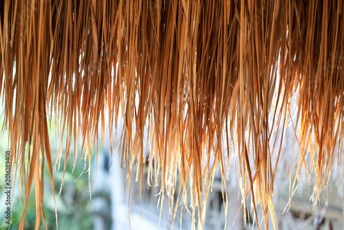 Fotografie Close-up of tropical palm leaf roof texture with warm natural light and rustic beach hut atmosphere