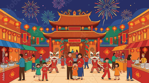 Vibrant Chinese New Year celebration scene.