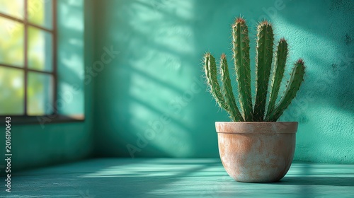 Sunlit cactus in terracotta pot on teal surface near window.