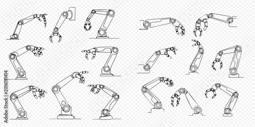 Fotografie Set of robotic arm outlines in various positions, industrial manipulator vector illustration