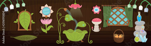 Fotografía Magical fairy bathroom interior with leaf bathtub and flower shower inside enchanted tree house