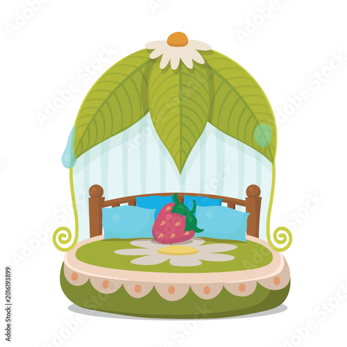 Cuadro en lienzo Cute fairy leaf bed with pillows and flower decoration isolated on white background