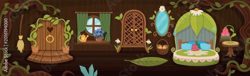 Foto Magical fairy bedroom interior inside tree house with wooden furniture and cozy fantasy atmosphere