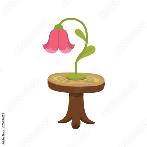Bild auf Leinwand Cute round wooden table with glowing flower lamp in fairy fantasy style isolated on white background