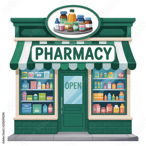 A pharmacy storefront with various products on display outside