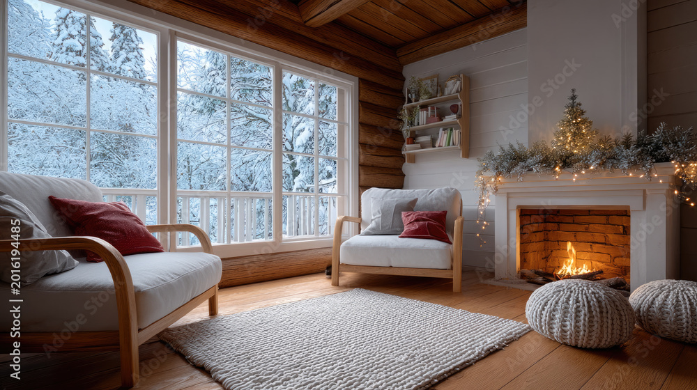 Fototapeta premium Cozy log cabin interior with large window snowy forest view fireplace wooden wall armchair soft lighting winter warm atmosphere