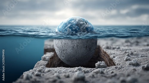 A surreal depiction of Earth partially submerged in water.