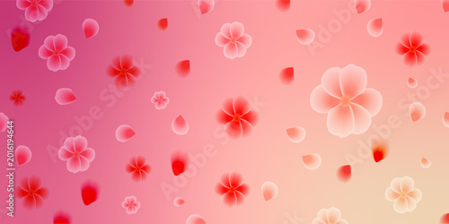 Scattered pink and red cherry blossom petals and flowers on gradient background with scattered, delicate