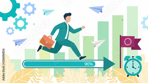 Foto Business Success Concept: Man Running Towards Goal, Progress Bar