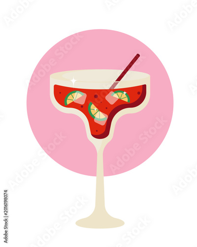 Tropical cocktail in margarita glass with citrus slices in flat style