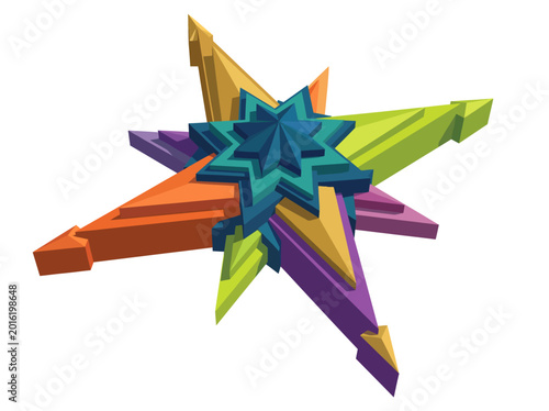 Photography This vibrant star-shaped design showcases a layered, multi-colored structure with sharp points, illustrating a sense of dynamism and creativity in a modern artistic style