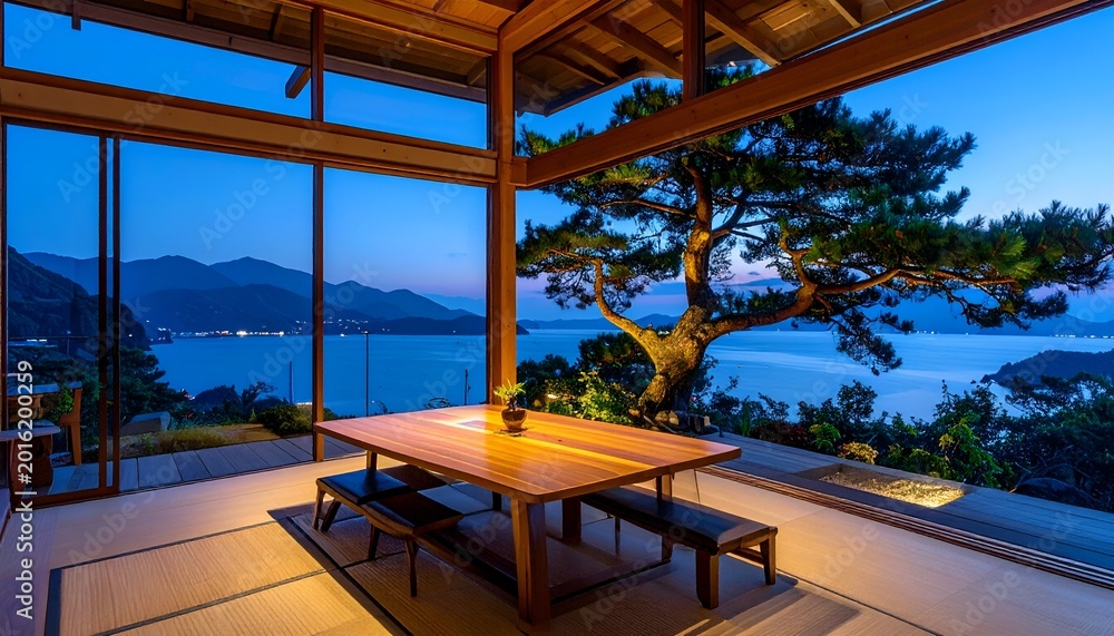 Fototapeta premium Evening view from elegant interior, tatami mats, wooden table, seaside landscape