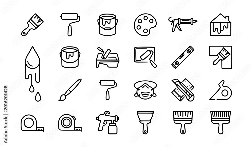 Obraz na płótnie Paint line icons set with paint brush roller and decorating tool symbols in mode