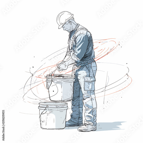 Man wearing hardhat with buckets.