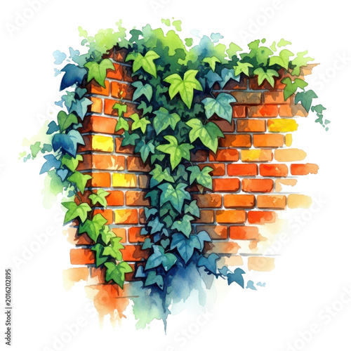 Watercolor painting of vibrant green ivy climbing on a rustic brick wall