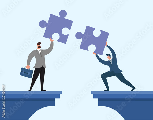 Принти на полотні Business partners connecting puzzle pieces across a gap, symbolizing teamwork, c