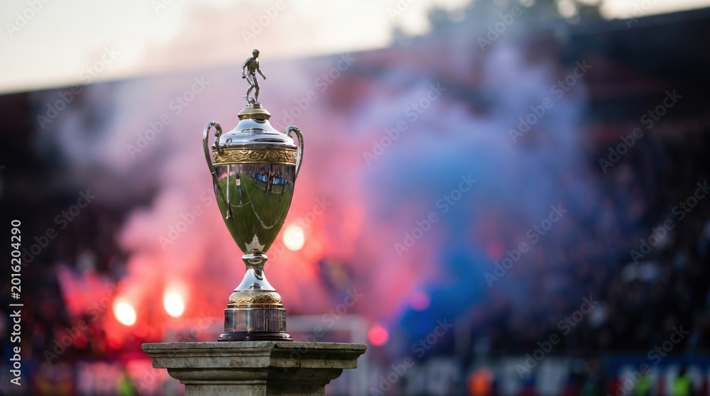 Naklejka premium Silver Football Championship Trophy on Pedestal with Ultras Smoke Flares and Passionate Fans in Stadium Background