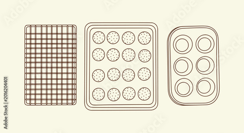 Schilderij op canvas Minimalist Line Art Illustration of Baking Tools including Cookies on a Sheet Pan and Muffin Tin