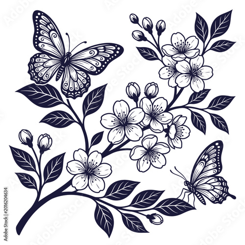 Two butterflies are flying around a blooming flower branch with leaves