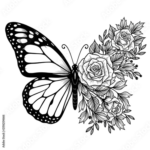 A beautiful butterfly rests on a bouquet of roses and leaves.