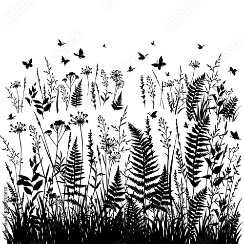 A serene natural landscape of plants, ferns, flowers, butterflies, and grass in a lush environment viewed from a side angle.