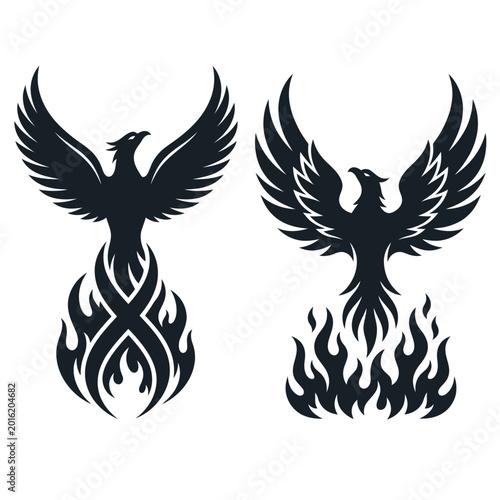 Two mystical phoenixes rise from flames in a symbolic illustration.