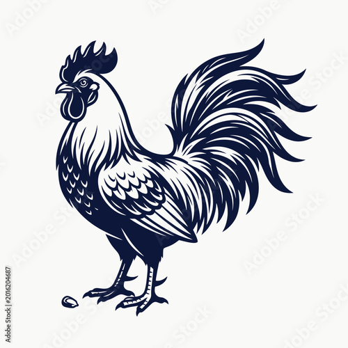 A majestic rooster stands proudly with feathers spread and egg nearby.
