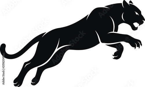 Black panther silhouette leaping forward in mid air action pose.