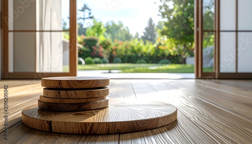 Wood circles stack in bright room overlooking lush garden through open doors