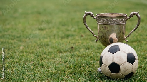 Silver trophy cup and soccer ball on green grass field for amateur youth soccer championship achievement.