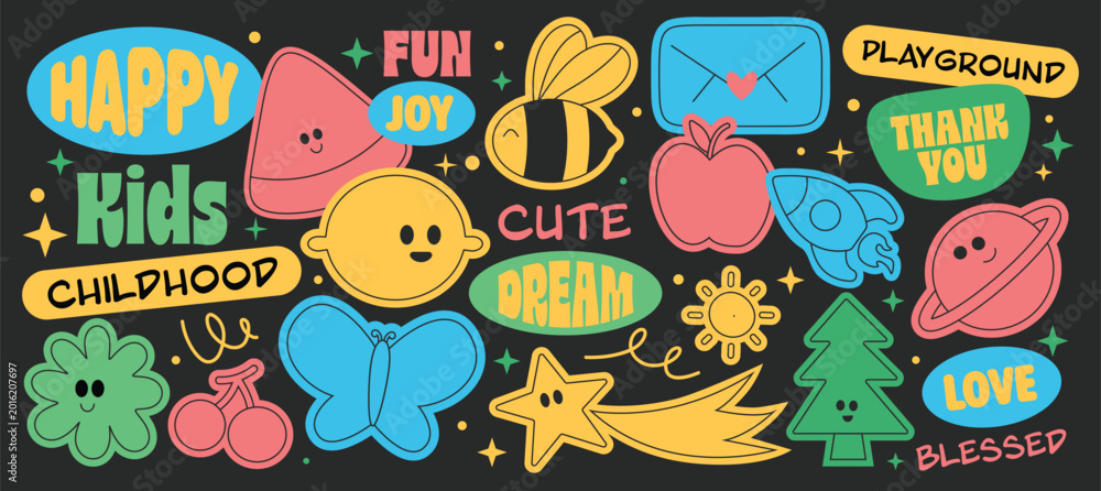 Fototapeta premium Set of cute kid elements collection. Funny and childish stickers with positive words.