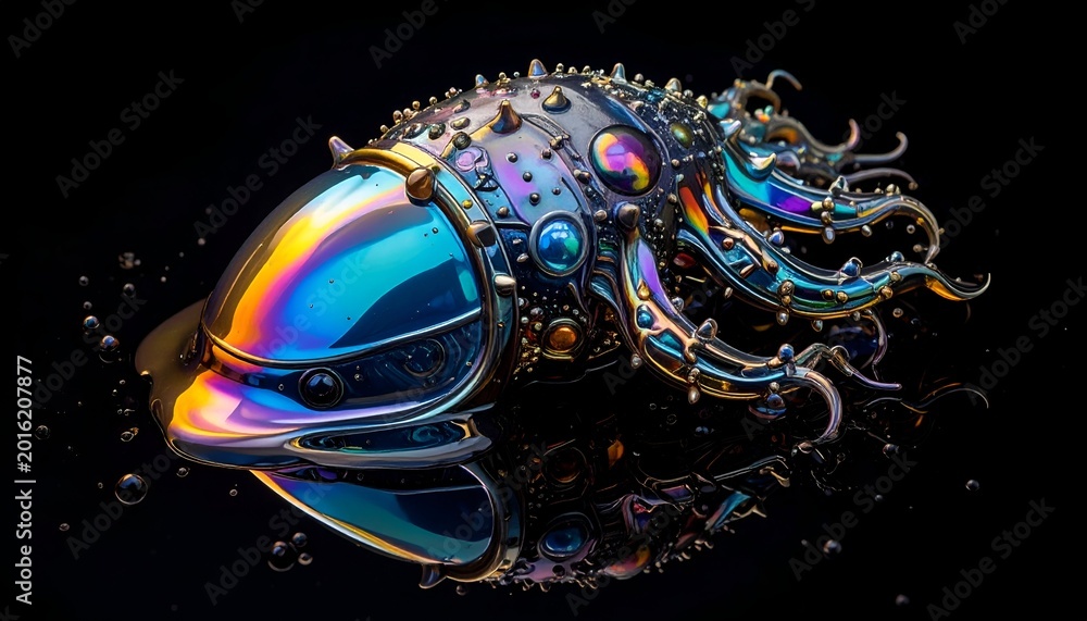 Fototapeta premium Metallic, iridescent alien creature with tentacles reflecting on a black surface