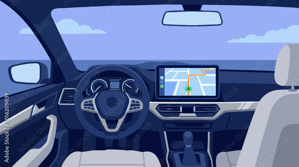 Foto Car interior with navigation system displaying map and route