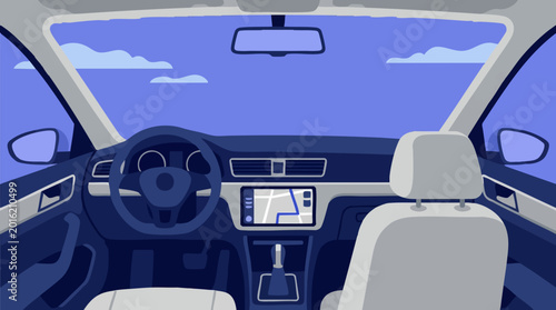 Billede på lærred Car interior dashboard view with navigation system, steering wheel and sky