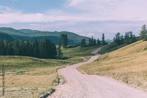 Scenic winding gravel road across rolling meadows and conifer forest with distant mountain ridges under a cloudy sky in the Altai Mountains, Russia