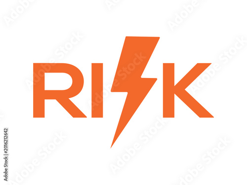 Risk word with lightning bolt in orange color symbolizing danger and uncertainty.