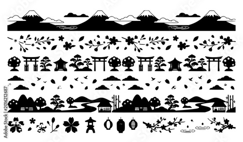Mount Fuji with sakura illustration set featuring Japanese cherry blossom spring landscape scenery