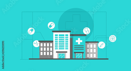 Hospital Buildings With Medical Emblems On Cyan Background Vector Illustration