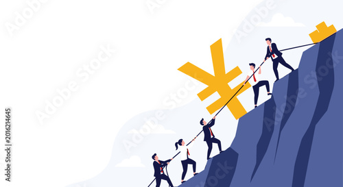 Team of business professionals pulls a giant Yen currency symbol up a steep mountain, symbolizing collaborative effort in financial growth and economic challenges.