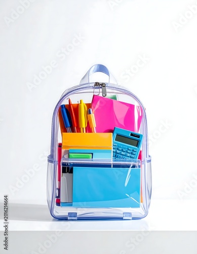 Transparent Backpack Filled With Colorful School Supplies Isolated On White Background Standing In A Studio Setting