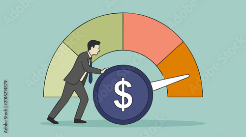 Photography Businessman pushing dollar coin on a financial meter for growth and success