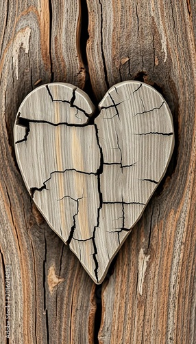 Weathered wooden heart with cracked texture, representing enduring love and simple charm,  natural,  organic