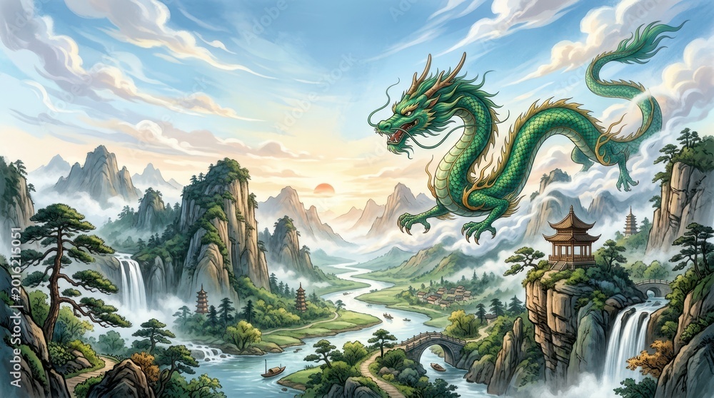 Fototapeta premium Majestic green dragon soars over a misty, mountainous landscape at sunrise