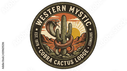 Fotografía Cobra coiled around cactus emblem southwest design vector illustration