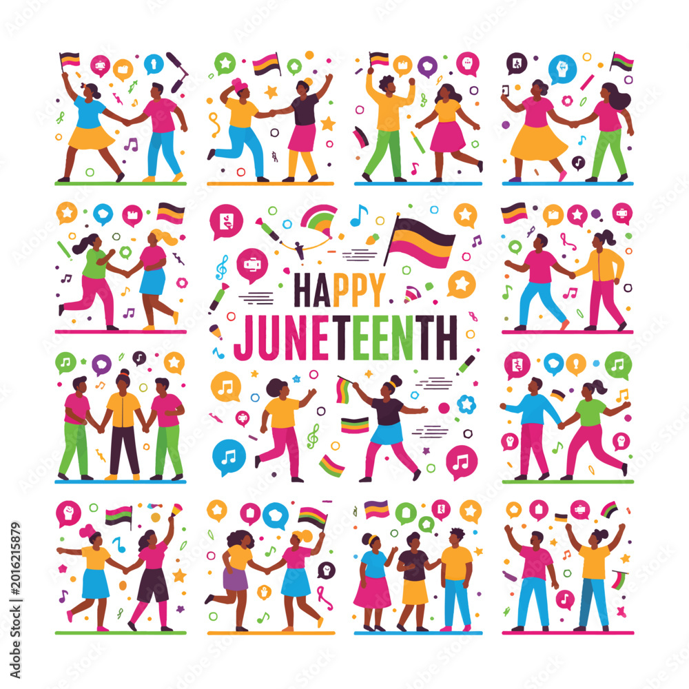 Fototapeta premium Happy Juneteenth Celebration Vector Illustration Set with Diverse People and Festive Icons