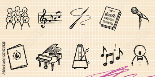 Obraz na płótnie Black ink scribble doodle vector vintage hand drawn set of music choir singing p