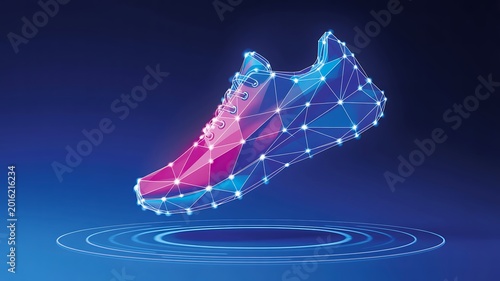 Futuristic running shoe with digital wireframe design and smart sports technology concept